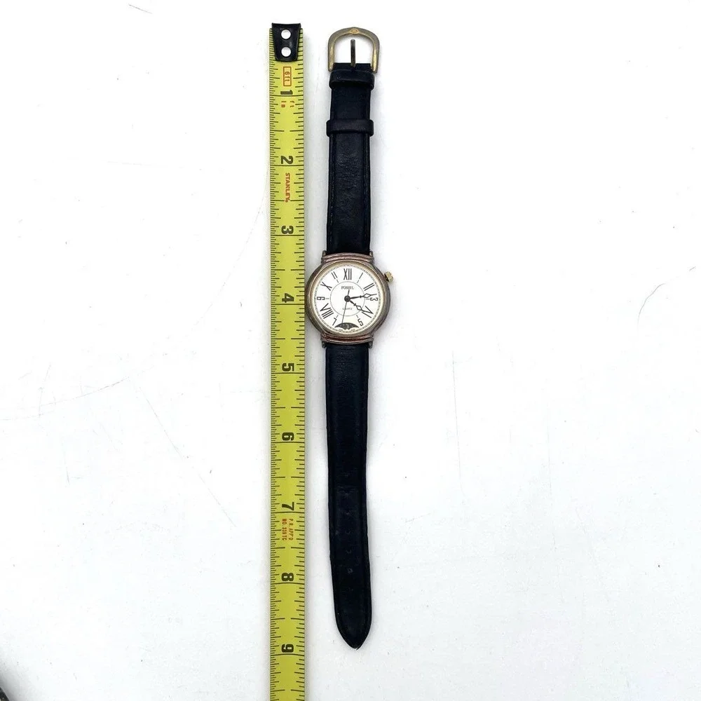 Vintage 90s Fossil Women's Moon Phase Quartz Watch Black Leather Strap Gold Tone